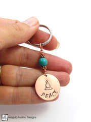 Copper Keychain With "PEACE" Affirmation, Buddha And Turquoise
