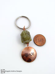 Copper Keychain With "PEACE" And Carved Jade Buddha (choose from 6 affirmations)