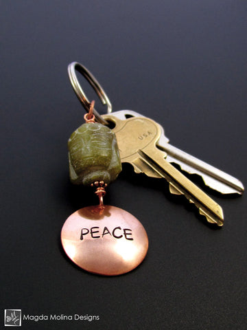 WHOLESALE - Copper Keychain With "PEACE" And Carved Jade Buddha (choose from 6 affirmations)