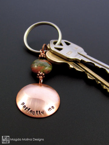 WHOLESALE - Copper Keychain With "PERFECTLY ME" Affirmation And Unakite