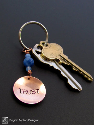 WHOLESALE - Copper Keychain With "TRUST" And Blue Quartz (choose from 6 affirmations)