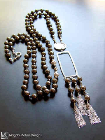 WHOLESALE - The Gorgeous Silver and Pyrite Necklace With Tassels And "LOVE" Charm