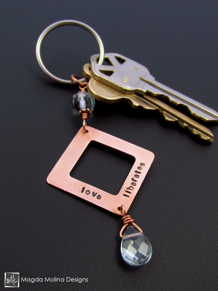 Copper Keychain With "LOVE LIBERATES" Affirmation And Blue Quartz