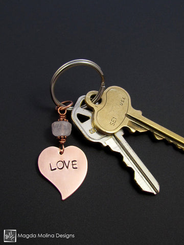 Copper Heart Keychain With "LOVE" Affirmation And Rose Quartz