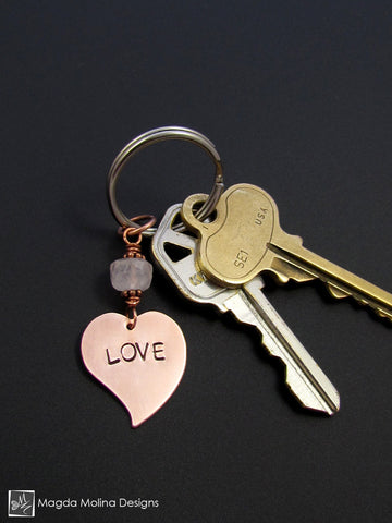 WHOLESALE - Copper Heart Keychain With "LOVE" Affirmation And Rose Quartz