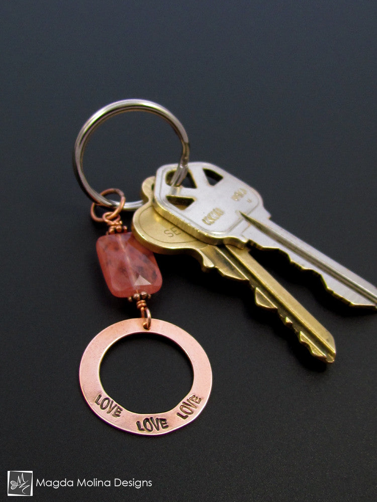 Copper Keychain With "LOVE" Affirmation And Cherry Quartz