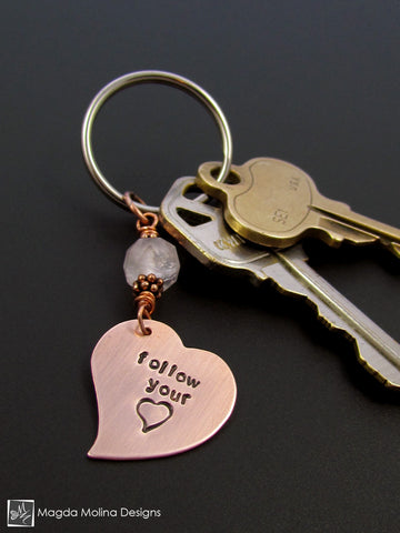 WHOLESALE - Copper Heart Keychain With "FOLLOW YOUR HEART" Affirmation And Rose Quartz