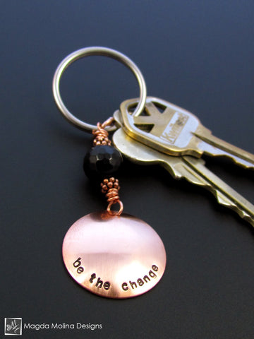 WHOLESALE - Copper Keychain With "BE THE CHANGE" Affirmation And Black Onyx