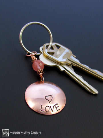 WHOLESALE - Copper Keychain With "LOVE" And Cherry Quartz (choose from 6 affirmations)