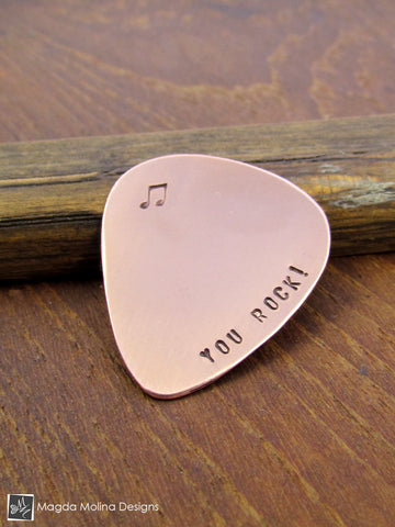 WHOLESALE - Copper Guitar Pick Hand Stamped With "YOU ROCK!"