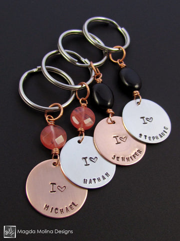 WHOLESALE - Personalized Copper / Stainless Steel Keychain With "I HEART ----" Affirmation And Stone