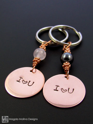 Copper Keychain With "I heart YOU" Affirmation And Choice of Stone