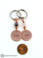 Copper Keychain With "I heart YOU" Affirmation And Choice of Stone
