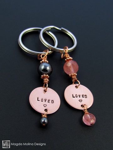 WHOLESALE - Copper Keychain With "LOVED" Affirmation And Choice of Stone