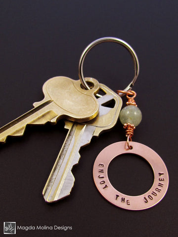 WHOLESALE - Copper Keychain With "ENJOY THE JOURNEY" Affirmation And Aquamarine Stone