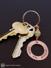 Copper Keychain With "ENJOY THE JOURNEY" Affirmation And Aquamarine Stone