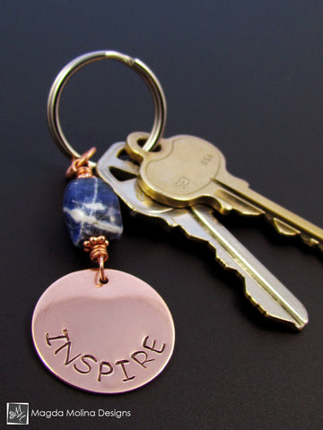 WHOLESALE - Copper Keychain With "INSPIRE" Affirmation And Sodalite Stone