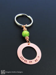 Copper Keychain With "LOVED BY ME" Affirmation And Green Turquoise Stone