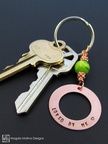 WHOLESALE - Copper Keychain With "LOVED BY ME" Affirmation And Green Turquoise Stone