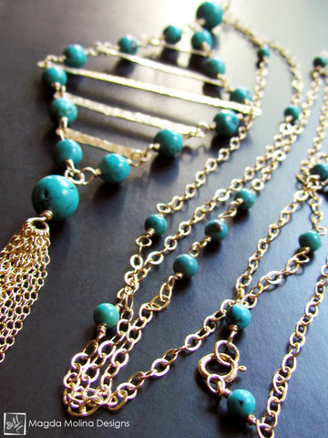 WHOLESALE - The Turquoise And Gold Diamond Shaped Long Necklace With Tassel