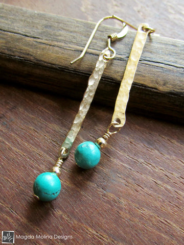 WHOLESALE - The Turquoise And Hammered Gold Bar Earrings