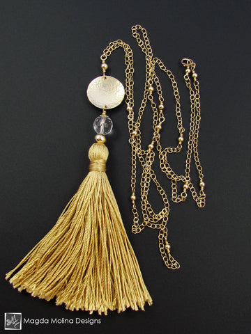 WHOLESALE - The Long Gold Chain Necklace With Silk Tassel And Crystal Quartz