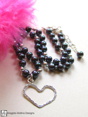 Mini Goddess (children) Dark Blue Pearls And Hammered Silver Heart Necklace