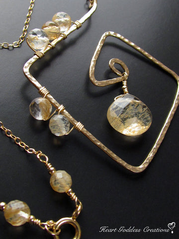 The Long Hammered Gold Egyptian Chain Necklace With Rutilated Quartz