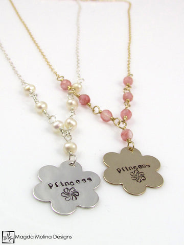 WHOLESALE - Mini Goddess (children) Hand Stamped "princess" Flower Necklace