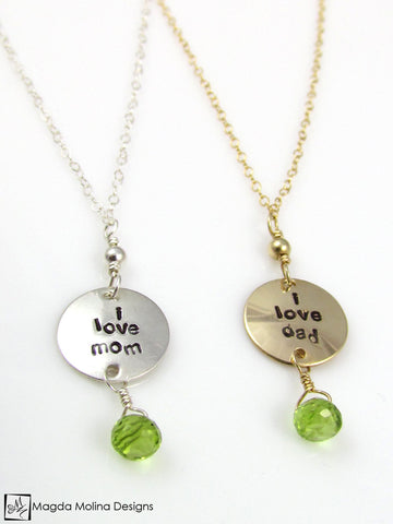 WHOLESALE - Mini Goddess (children) "i love mom/dad" Necklace With Peridot Gems