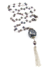The Long Silver Wire Wrapped Freshwater Pearl Tassel Necklace