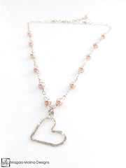 Mini Goddess (children) Pink Pearls And Hammered Silver Heart Necklace