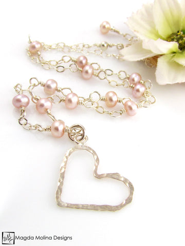 WHOLESALE - Mini Goddess (children) Pink Pearls And Hammered Silver Heart Necklace