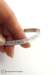 The "FREE SPIRIT" Hand Stamped Omnisex Hammered Silver Cuff Bracelet