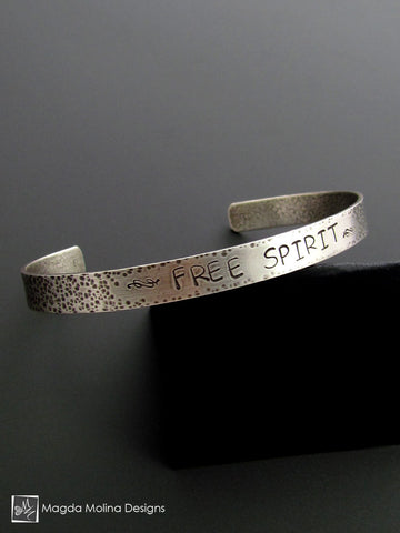 WHOLESALE - The "FREE SPIRIT" Hand Stamped Omnisex Hammered Silver Cuff Bracelet