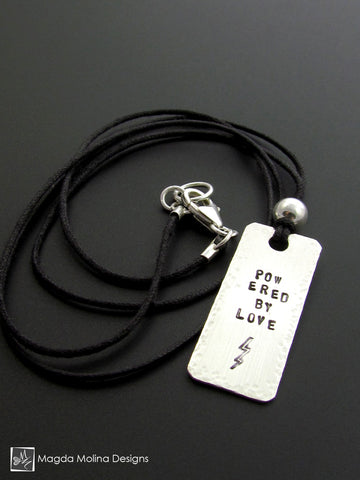 WHOLESALE - The "POWERED BY LOVE" Hand Stamped Omnisex Silver Tag Necklace