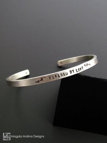 WHOLESALE - The "POWERED BY LOVE" Hand Stamped Omnisex Silver Cuff Bracelet