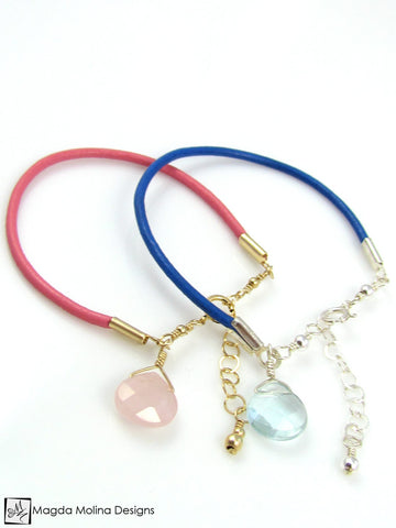 WHOLESALE - Mini Goddess (children) Blue or Pink Leather & Quartz Drop Bracelet