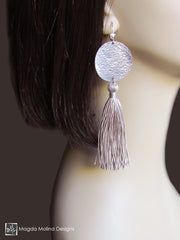 The Hammered Full Moon Silver Earrings With Handmade Silk Tassel