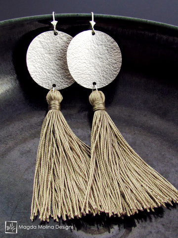 WHOLESALE - The Hammered Full Moon Silver Earrings With Handmade Silk Tassel