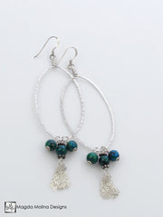 The Hammered Silver & Chrysocolla Oval Hoop Earrings With Tassels