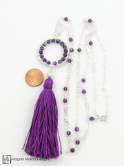 The Long Silver Chain Necklace With Purple Silk Tassel And Woven Amethyst On Ring