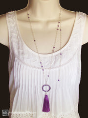 The Long Silver Chain Necklace With Purple Silk Tassel And Woven Amethyst On Ring