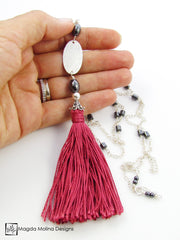 The Long Silver Chain Necklace With Red Silk Tassel And Hematite Accent
