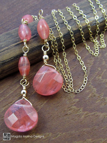 WHOLESALE - The Delicate Asymmetrical Chain Lariat With Cherry Quartz Stones