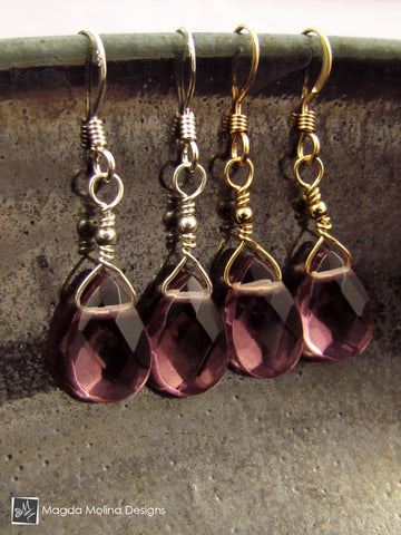 WHOLESALE - The Gold or Silver And Purple Quartz Mini Pear Shaped Drop Earrings