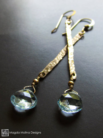 WHOLESALE - The Something Blue Earrings: Hammered Gold And Delicate Blue Topaz Drop