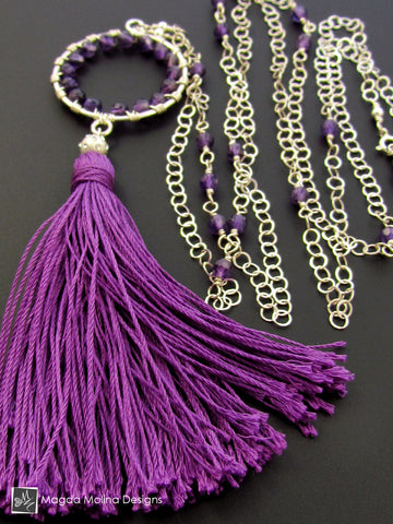 WHOLESALE - The Long Silver Chain Necklace With Purple Silk Tassel And Woven Amethyst On Ring