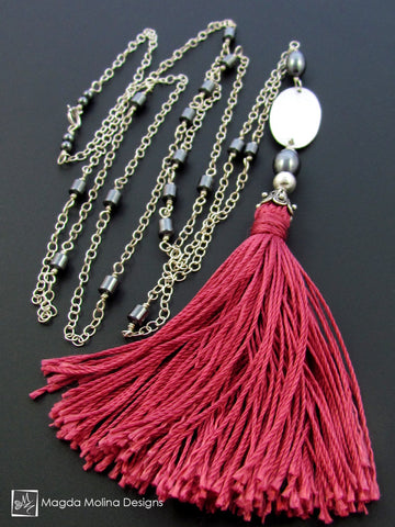 WHOLESALE - The Long Silver Chain Necklace With Red Silk Tassel And Hematite Accent