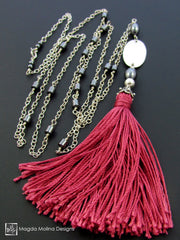 The Long Silver Chain Necklace With Red Silk Tassel And Hematite Accent